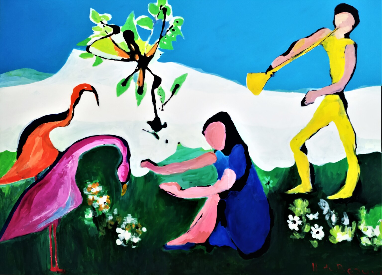 Bild des Werkes mit dem Titel: Les flamants roses aiment le son de la trompette (Rosa Flamingos lieben den Klang der Trompete)